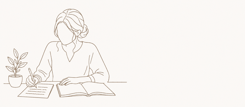 机に向かってノートに書き込む人物の線画イラスト