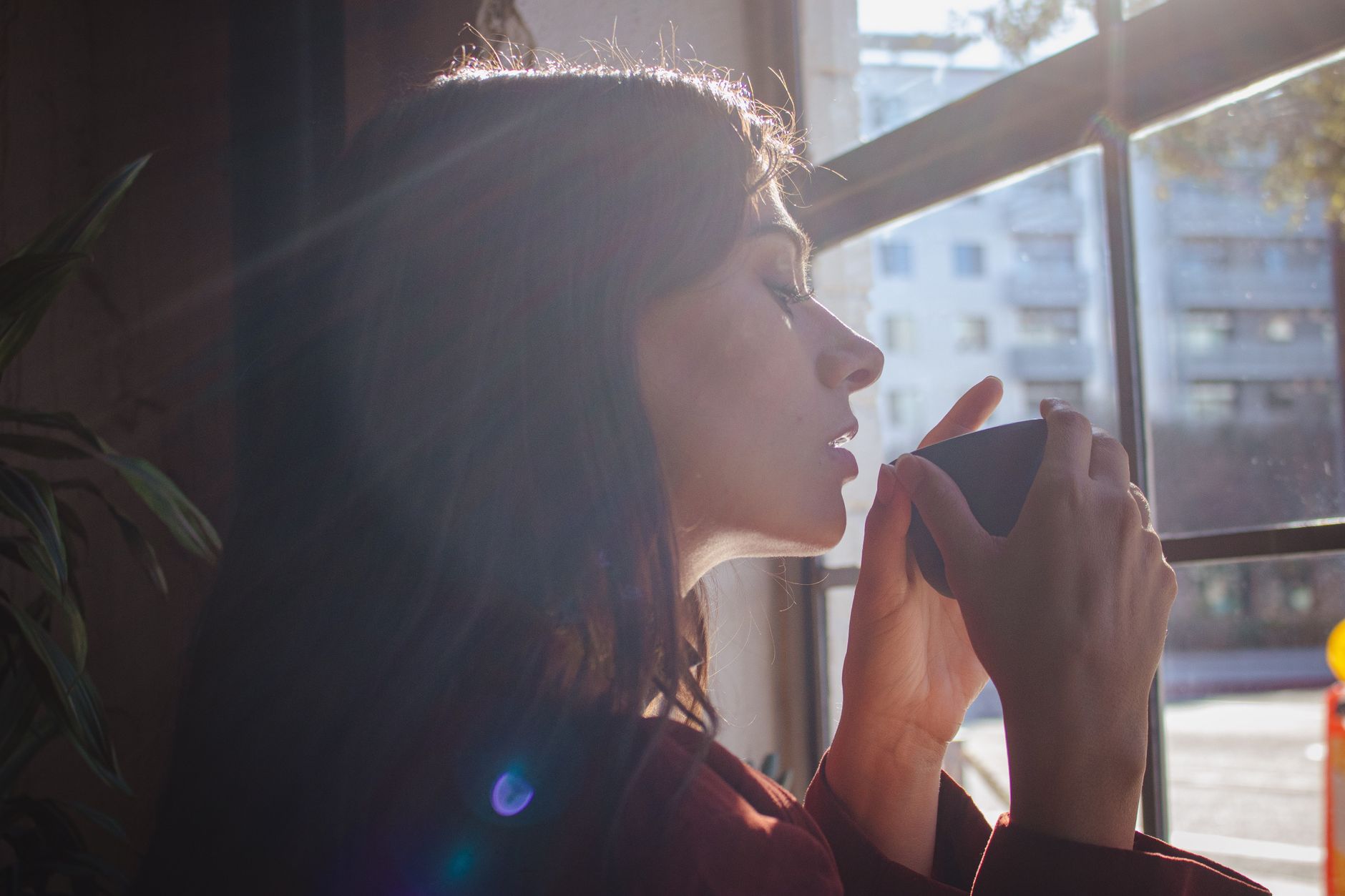 窓辺でお茶を飲みながら目を休めている女性のイメージ